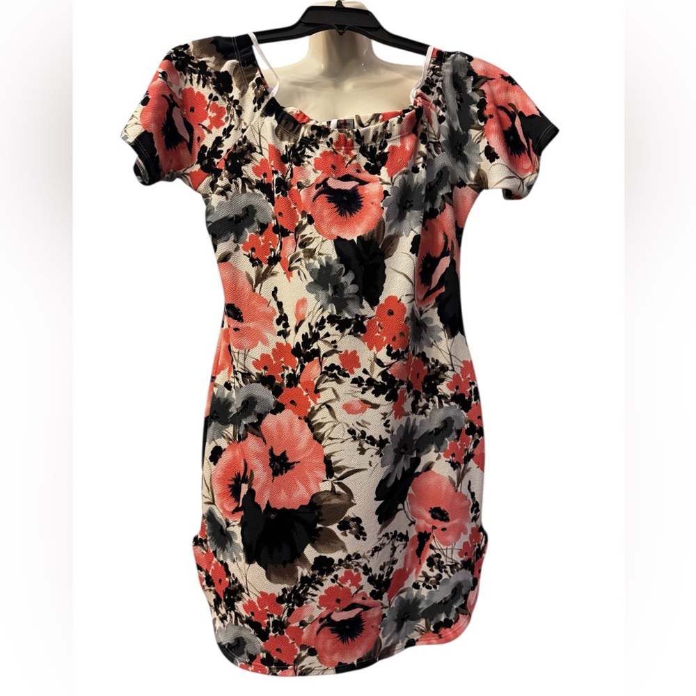 Floral Print Dress with Pink and Black Accents.